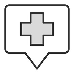 Obraz premium line icon of a medical cross inside a chat or speech bubble pin marker, representing hospital location, emergency services mapping, healthcare facility navigation, doctor consultation, and medical