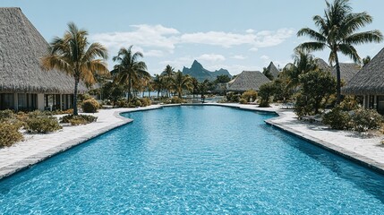 Obraz premium Serene tropical pool surrounded by thatched-roof bungalows.