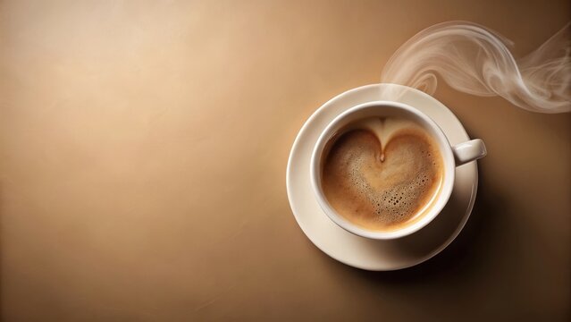 A heart-shaped coffee cup with a warm beige background and a subtle steam effect on the surface, filled with a rich brown liquid , beige