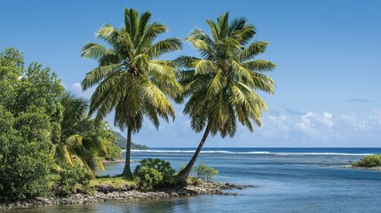 Obraz premium Tropical palm trees stand on a shoreline.