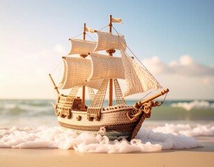 A detailed crocheted model of a sailing ship rests on a sandy beach with gentle ocean waves and a clear sky in the background.