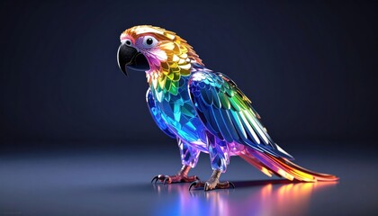 A vibrant, multicolored parrot rendered in a glowing, geometric digital art style against a dark background.