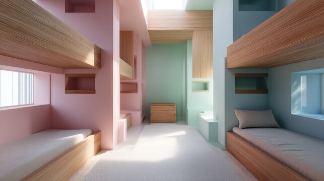 playful children's bedroom with modular wooden bunk beds, matte pastel pink and mint green color palette, sunlight pouring