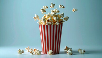 A striped container overflows with freshly popped popcorn, with scattered pieces on a smooth surface against a light blue background.