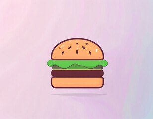 A simple, colorful burger illustration with sesame seed bun, lettuce, and two beef patties on a pastel pink background.