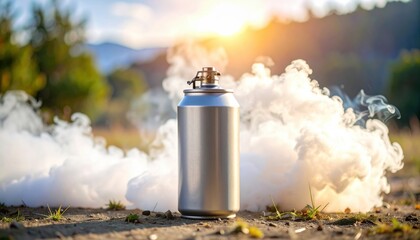 A silver aerosol spray can emits vapor clouds outdoors during sunset, with mountains and greenery blurred in the background.