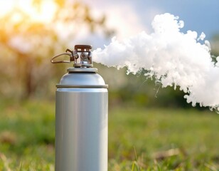 A metal spray can releasing a thick white vapor or smoke outdoors on green grass with sunlight in the background.