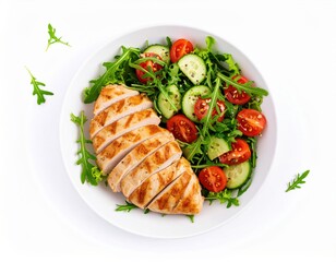 Grilled chicken breast served with fresh arugula, cucumber, and cherry tomato salad on a white plate.