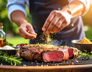 Man Seasoning Grilled Steak Outdoor