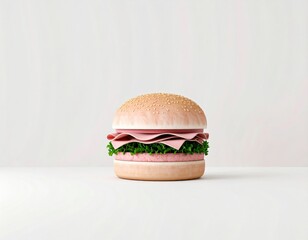 A neatly assembled hamburger with sesame bun, lettuce, sliced ham, and a pale pink patty, set against a plain white background.