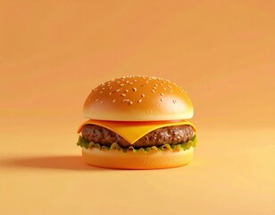 A cheeseburger with sesame seed bun, lettuce, tomato, and melted cheese, set against a plain orange background.