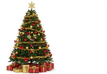 Obraz premium Festively decorated christmas tree with gifts and ornaments on white background