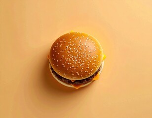 A sesame seed cheeseburger with layers of beef patty and cheese on a plain beige background.