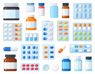 Various medicine bottles, pill containers, and blister packs with colorful capsules and tablets arranged in a grid pattern.