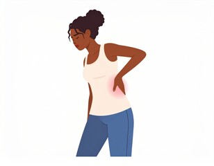 A woman with curly hair in a white tank top and blue jeans holds her lower back, showing signs of pain or discomfort.