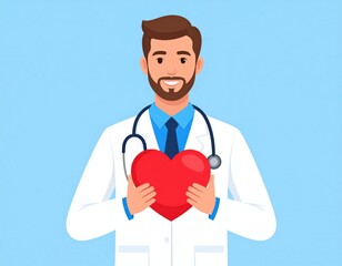 A smiling male doctor in a white coat holds a red heart symbol, representing care, health, and cardiology against a blue background.