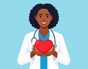 A smiling female doctor in a white coat holds a red heart symbol, representing healthcare and compassion.