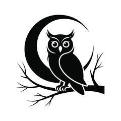 Black Owl Perched on Branch with Crescent Moon bird