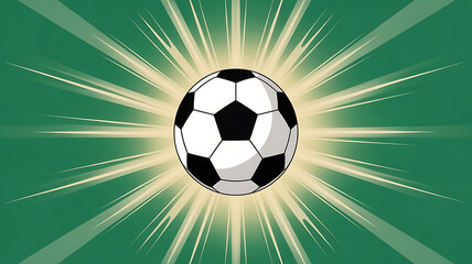 Naklejka premium Soccer ball on a green background with rays. Vector illustration.