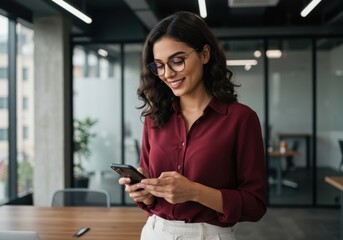 Smiling young businesswoman wearing glasses and a maroon shirt uses her smartphone in a modern office setting