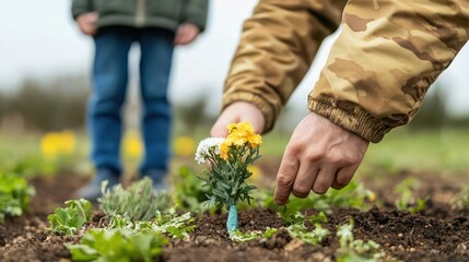 Families placing flowers on graves of soldiers, Veterans Day remembrance ceremony