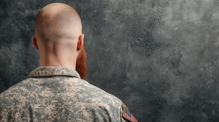 Reflection of veteran in military uniform looking at memorial wall