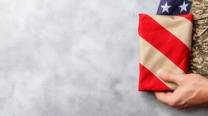 Closeup of hand holding folded flag, solemn military tribute