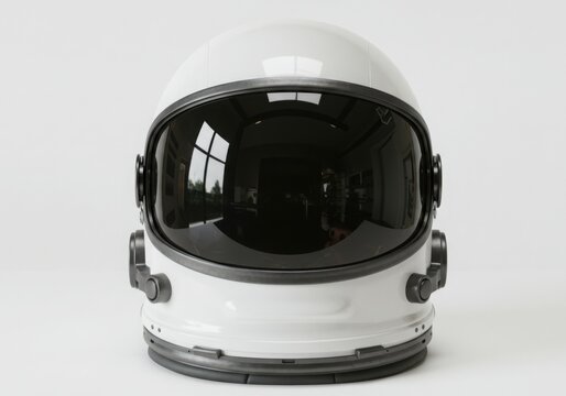 Detailed view of a futuristic white astronaut helmet with a reflective visor