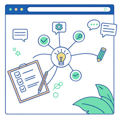A conceptual illustration of a lightbulb surrounded by icons on a browser interface with checklist