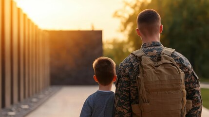 Young family visiting a veterans memorial, learning about sacrifices for freedom