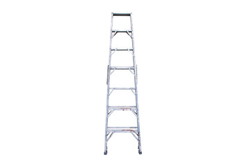 Old ladder metal aluminum tall isolated on cut out PNG or transparent background. For construction site, preparing outdoor task, emphasizing utility and equipment for renovation and construction work.