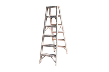 Old ladder metal aluminum small. Construction site, preparing outdoor task, emphasizing utility and equipment for renovation and construction work. Isolated on cut out PNG or transparent background.