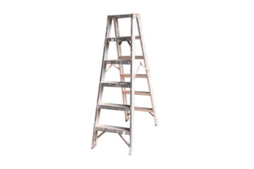 Old ladder metal aluminum small. Construction site, preparing outdoor task, emphasizing utility and equipment for renovation and construction work. Isolated on cut out PNG or transparent background.