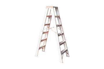 Old ladder metal aluminum small isolated on cut out PNG or transparent background. For construction site, preparing outdoor task, emphasizing utility and equipment for renovation and construction work