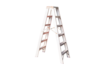 Old ladder metal aluminum small isolated on cut out PNG or transparent background. For construction site, preparing outdoor task, emphasizing utility and equipment for renovation and construction work