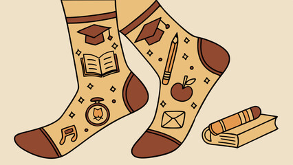 Illustration of academic themed socks with graduation caps books and other school related symbols design