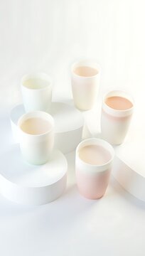 Minimal 3D isometric view of five gradient-shaded milk glasses with subtle shadows on a clean white surface, highlighting smooth textures and pastel tones

