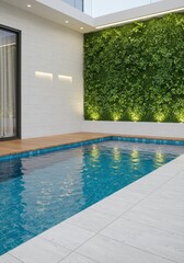Obraz premium A swimming pool with a green wall and wooden deck in a modern outdoor space with tile flooring