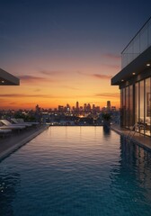 Rooftop pool with city skyline view at sunset offering a luxurious and relaxing experience for residents