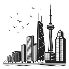 a cityscape of a bustling modern metropolis, tall skyscrapers and towers silhouetted against a clear sky, birds flying overhead, digital illustration, black and white, minimalist style
