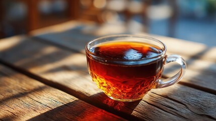 Daily quiet coffee with signature brew and mellow concept. A cup of tea on a wooden table in soft sunlight.