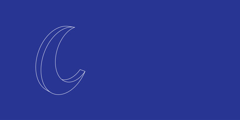 The outline of a large moon symbol made of white lines on the left. 3D view of the object in perspective. Vector illustration on indigo background