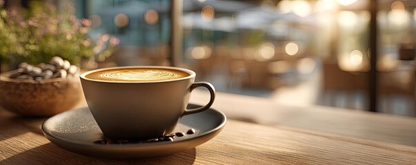 Daily quiet coffee with signature brew and mellow concept. A cozy coffee cup on a wooden table with soft natural lighting.