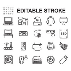 Collection of laptop and computer related icons. Thin line style vectors. Contains icons such as laptop,PC,desk and more.