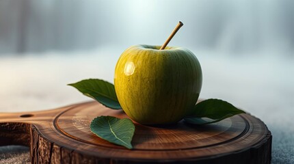 A vibrant green apple with leaves rests on a wooden cutting board in a calm setting