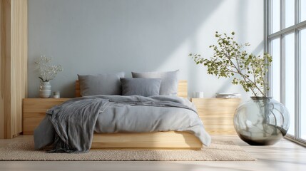Scandinavian-inspired guest bedroom with light birch wood finishes, monochromatic grey bedding, soft window light producing long horizontal shadows