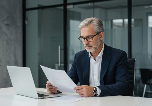 Focused businessman with gray hair and glasses reviewing documents at his desk with a laptop in a modern office setting