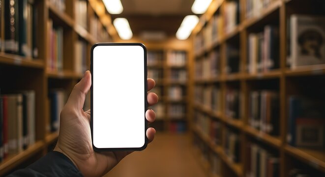 Modern Mobile Smartphone Mockup in Hand with Library Books Background