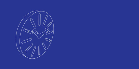 The outline of a large clock symbol made of white lines on the left. 3D view of the object in perspective. Vector illustration on indigo background