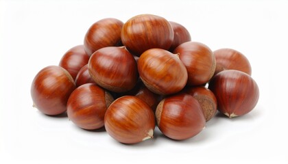 Fresh, natural brown chestnuts, a healthy autumn snack, are isolated on a white background